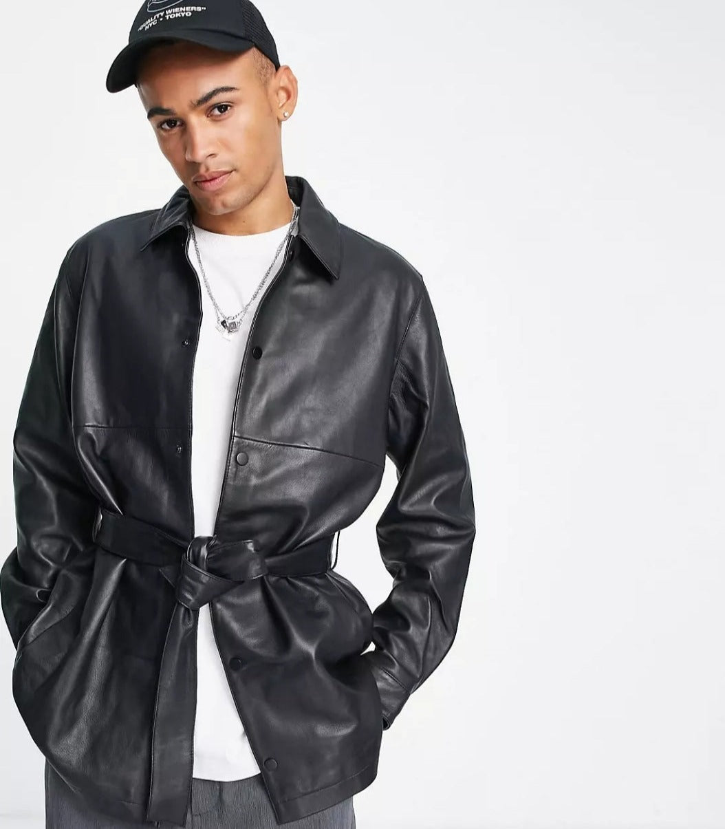 Men's Belted Leather Shirt In Black