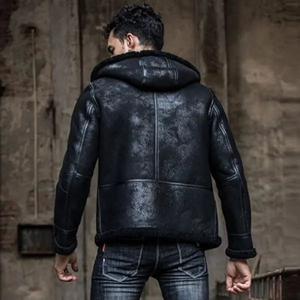 Arcane Fox - Men's Hooded Shearling Leather Jacket In Black