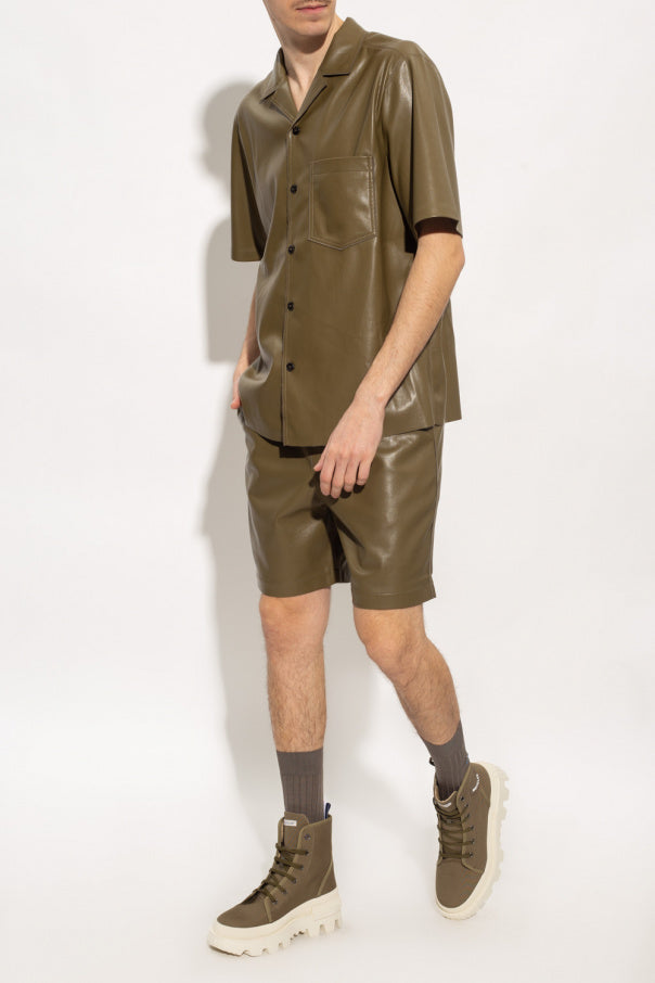Men's Olive Green Leather Shirt In Half Sleeve