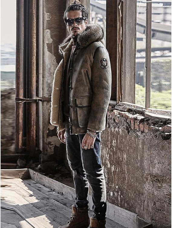 Men's Shearling Parka Leather Jackets In Tan Beige