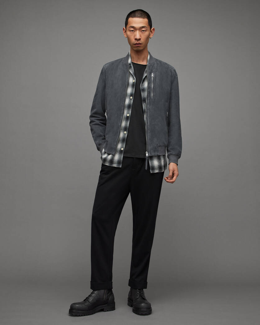 Men's Suede Leather Bomber Jacket In Dark Gray