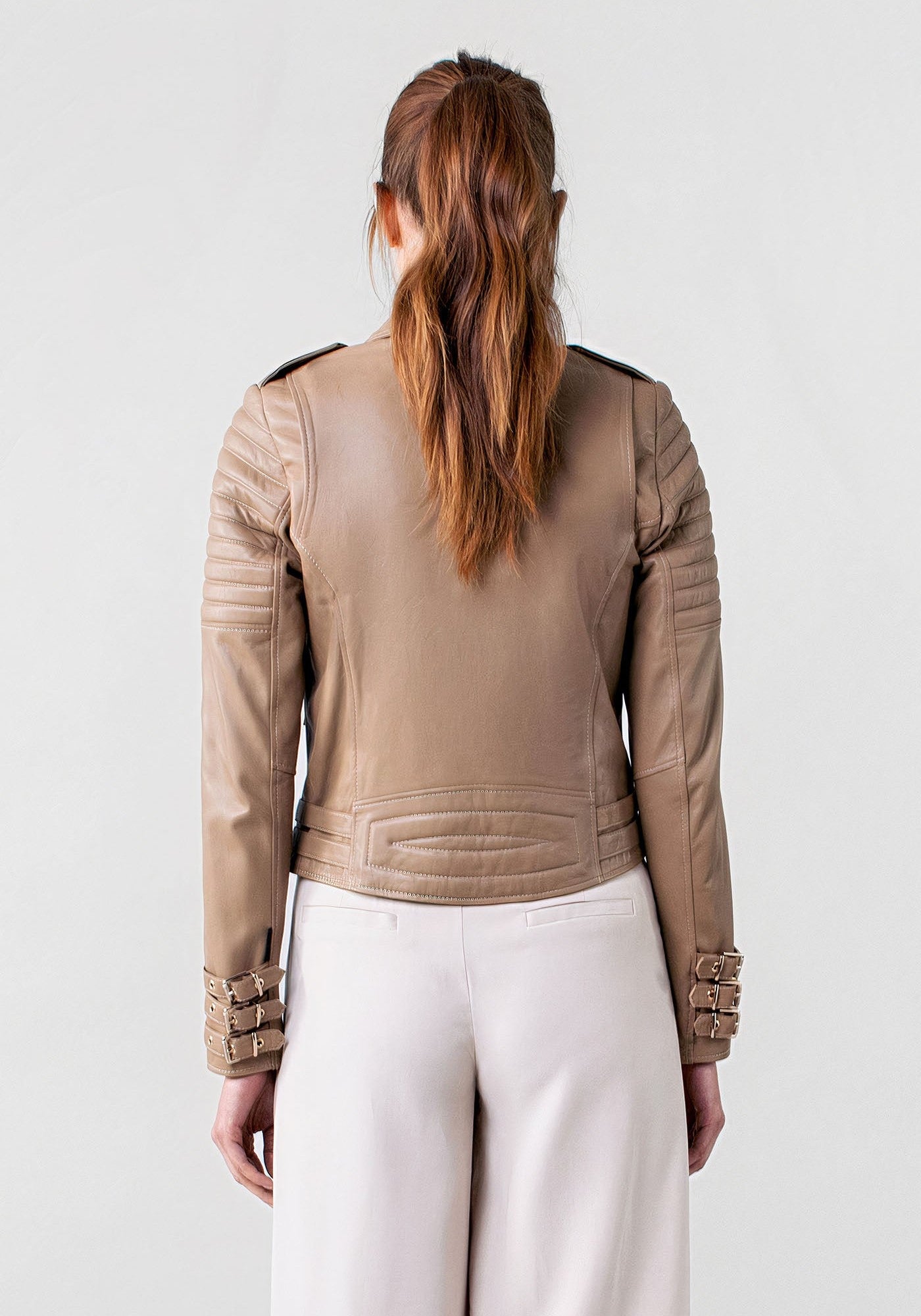 Women's Biker Cafe Racer Leather Jacket In Beige