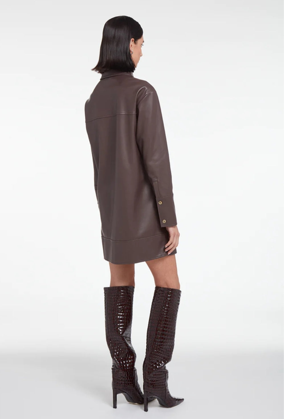 Women's Long Leather Shirt In Coffee Brown