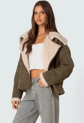 Women's Suede Shearling Leather Jacket In Khaki
