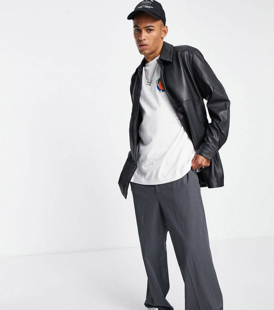 Men's Belted Leather Shirt In Black