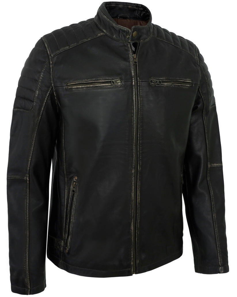 Men's Black Distressed Cafe Racer Leather Jacket