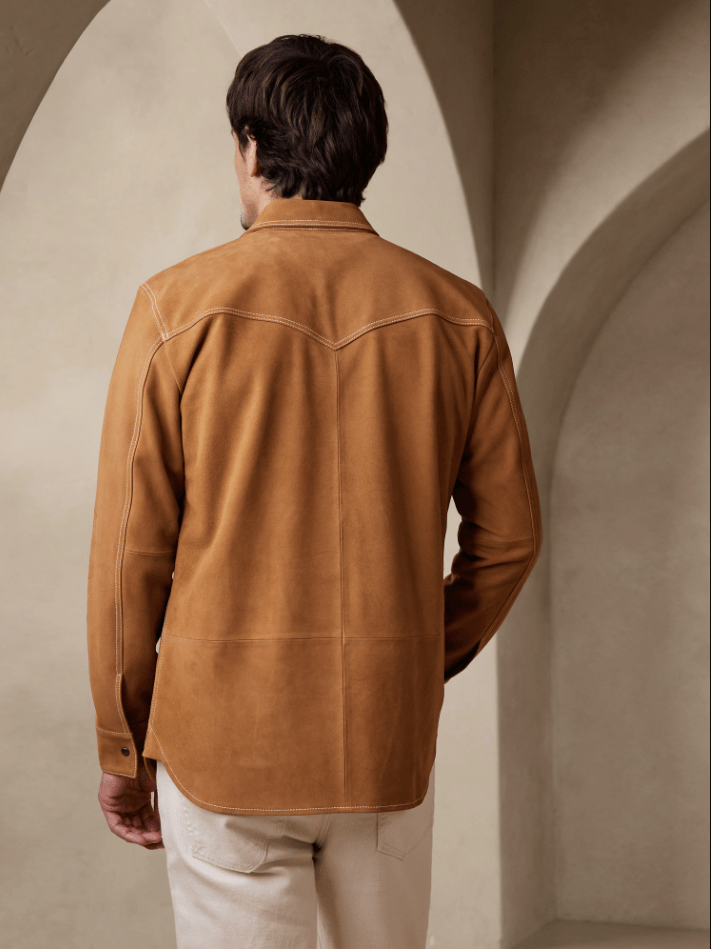 Men's Full Sleeve Suede Leather Shirt In Brown