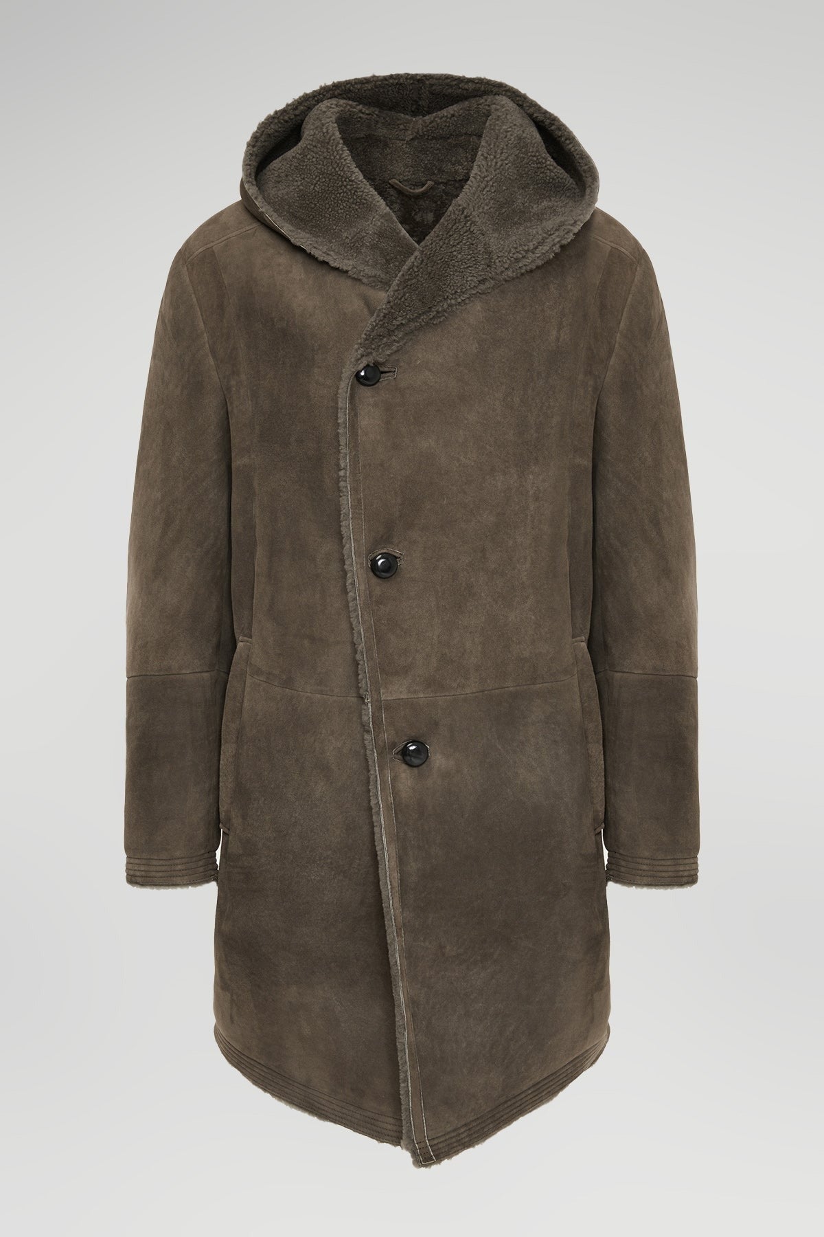 Men's Sheepskin Leather Coat In Gray With Hood