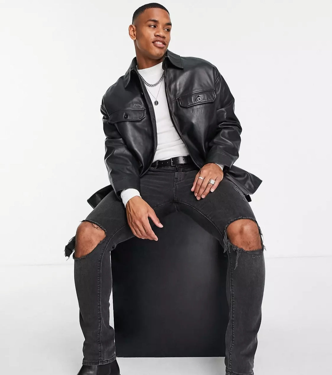 Men's Trucker Leather Shirt In Black