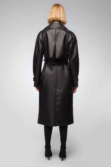 Women's Belted Trench Leather Coat In Black