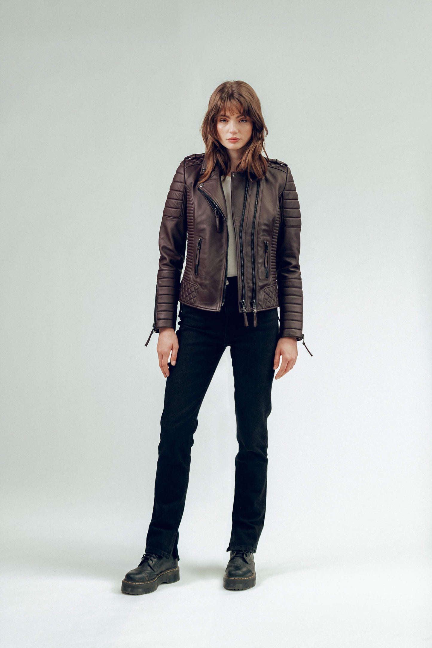 Women's Cafe Racer Leather Biker Jacket In Dark Brown