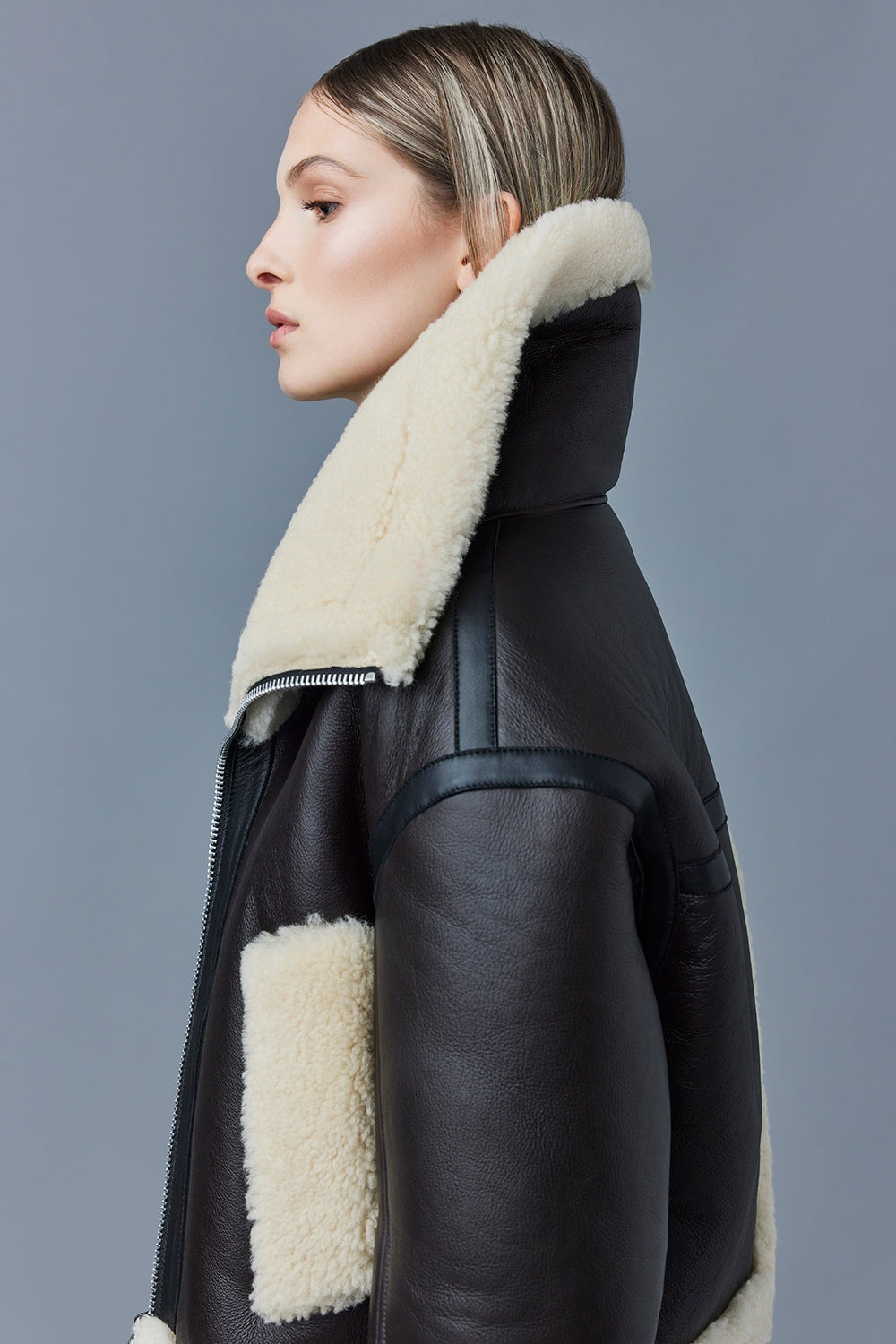 Women's Double Collar Coffee Brown Shearling Fur Leather Jacket