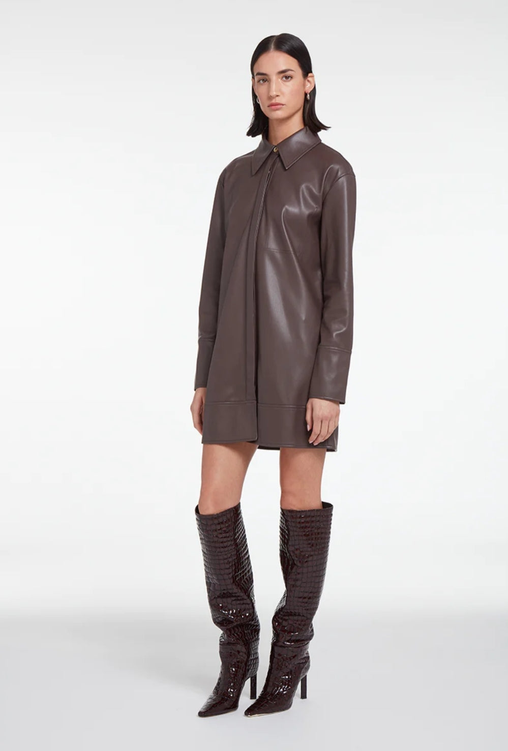 Women's Long Leather Shirt In Coffee Brown