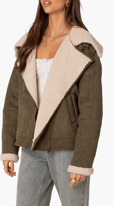 Women's Suede Shearling Leather Jacket In Khaki