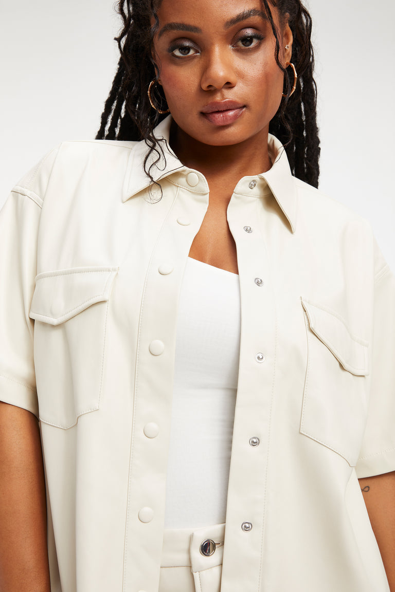 Women's White Leather Trucker Shirt In Half Sleeve