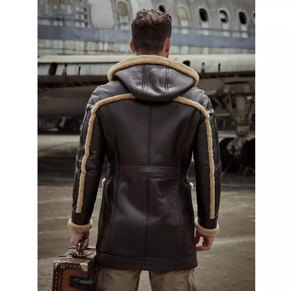 Men's B7 Bomber Sheepskin Leather Coat In Dark Brown With Hood