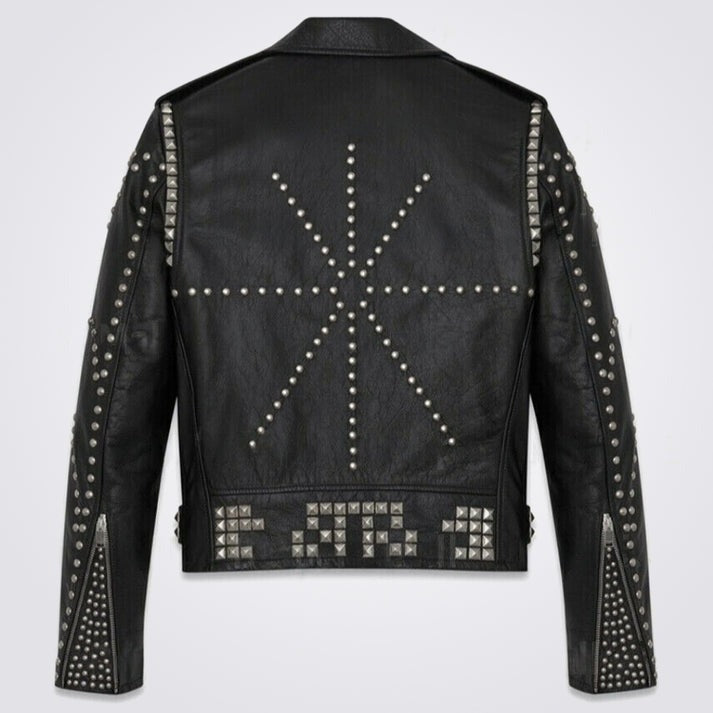 Arcane Fox - Men's Belted Biker Studded Leather Jacket In Black