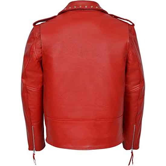 Arcane Fox - Men's Belted Biker Studded Leather Jacket In Red