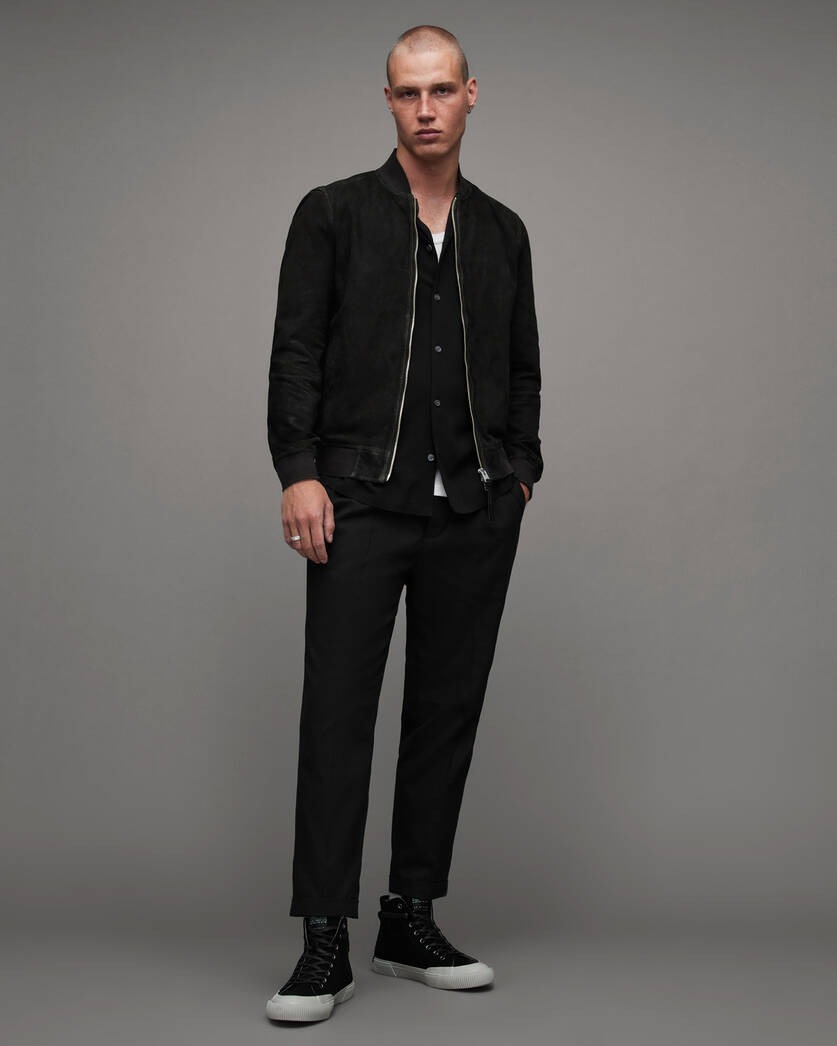 Men's Bomber Suede Leather Jacket In Black