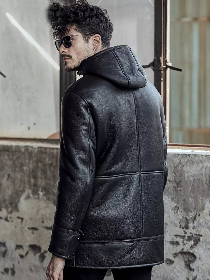 Men's Shearling Coat In Black With Hood
