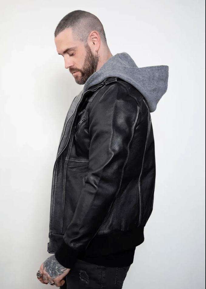 Men's Distressed Bomber Leather Jacket In Black