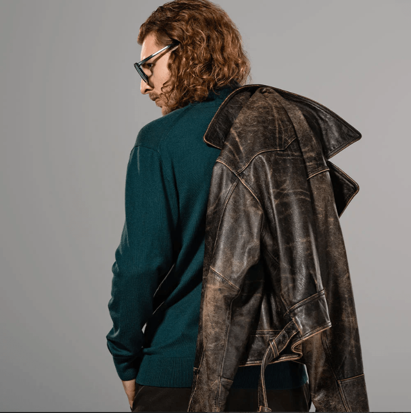 Men's Distressed Leather Vintage Jacket In Black With Belt