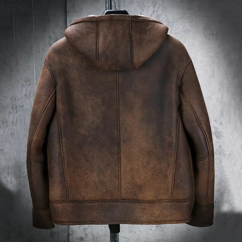 Men's Distressed Shearling Hooded Leather Jacket In Dark Brown