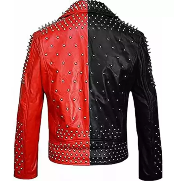 Men's Dual Color Studded Biker Leather Jacket In Black & Red