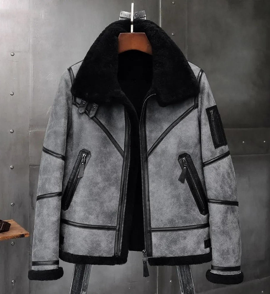 Arcane Fox - Men's Gray B3 Aviator Shearling Leather Jacket