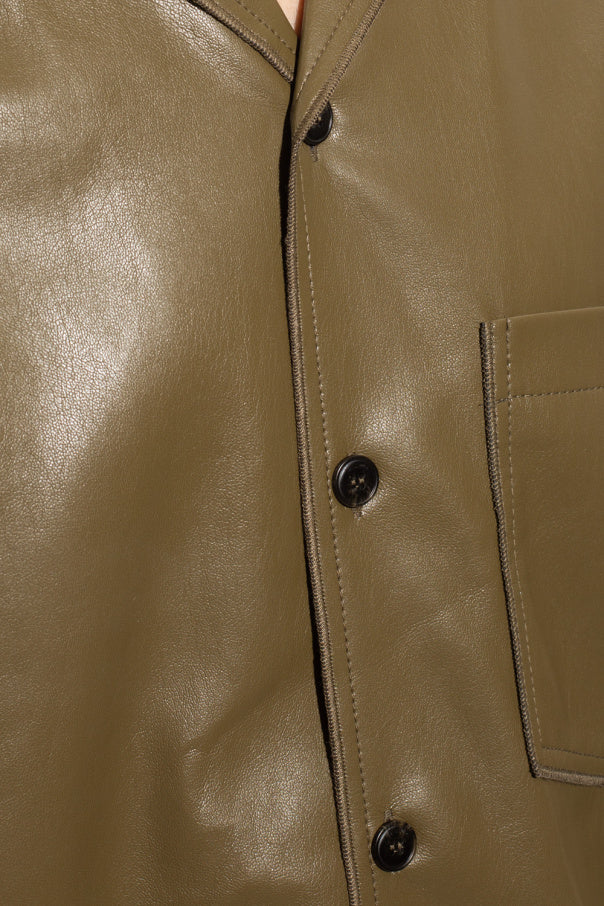 Men's Olive Green Leather Shirt In Half Sleeve