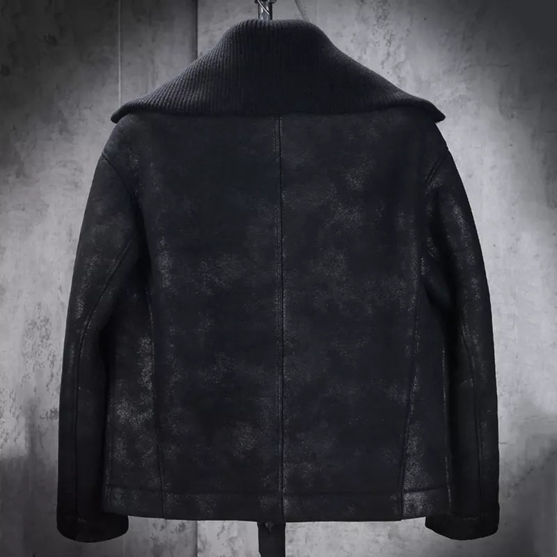 Men's Oversized Collar Shearling Black Leather Jacket