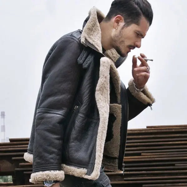 Arcane Fox - Men's Raf Shearling Fur Leather Jacket In Black