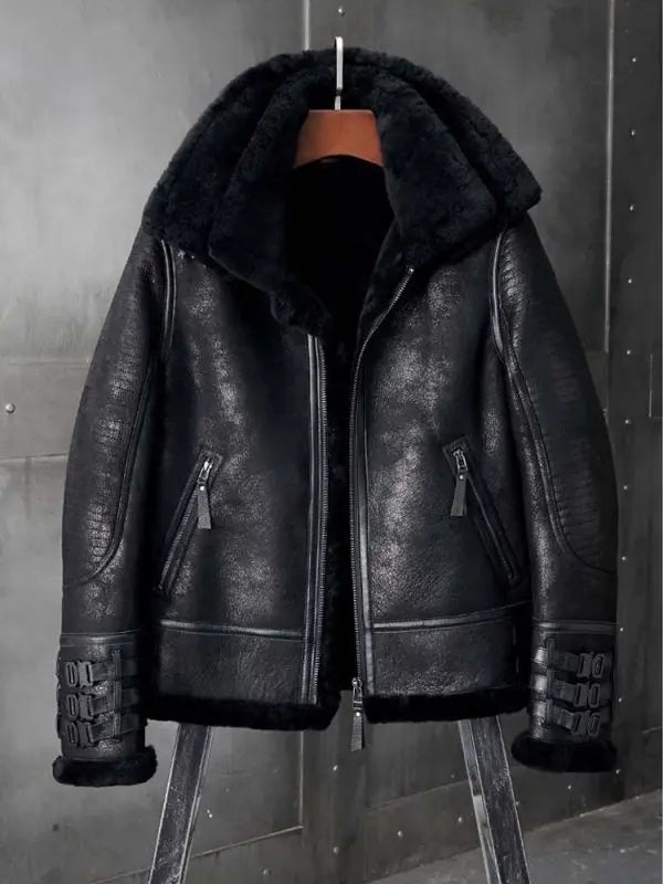 Arcane Fox - Men's Shearling B3 Motorcycle Leather Jacket In Black