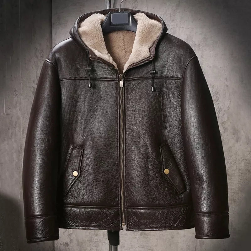 Men's Shearling Hooded Leather Jacket In Coffee Brown