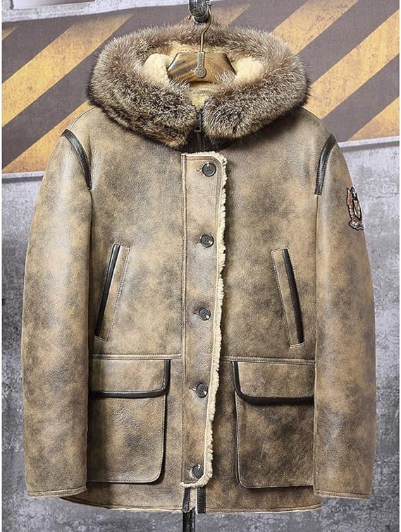 Men's Shearling Parka Leather Jackets In Tan Beige