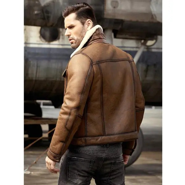 Arcane Fox - Men's Shearling Trucker Leather Jacket In Brown