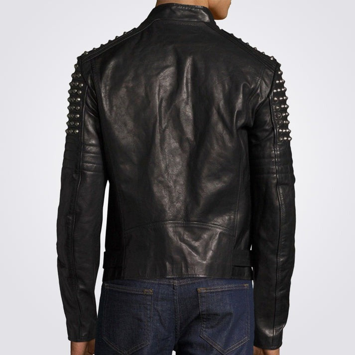 Men's Studded Motorcycle Leather Jacket In Black