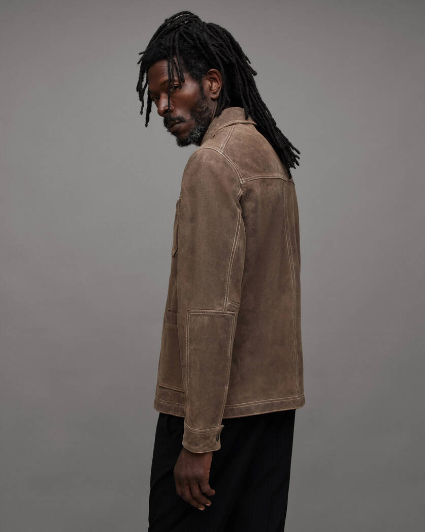 Men's Suede Trucker Leather Jacket In Tan Beige