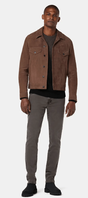 Men's Suede Leather Trucker Jacket In Tan Beige