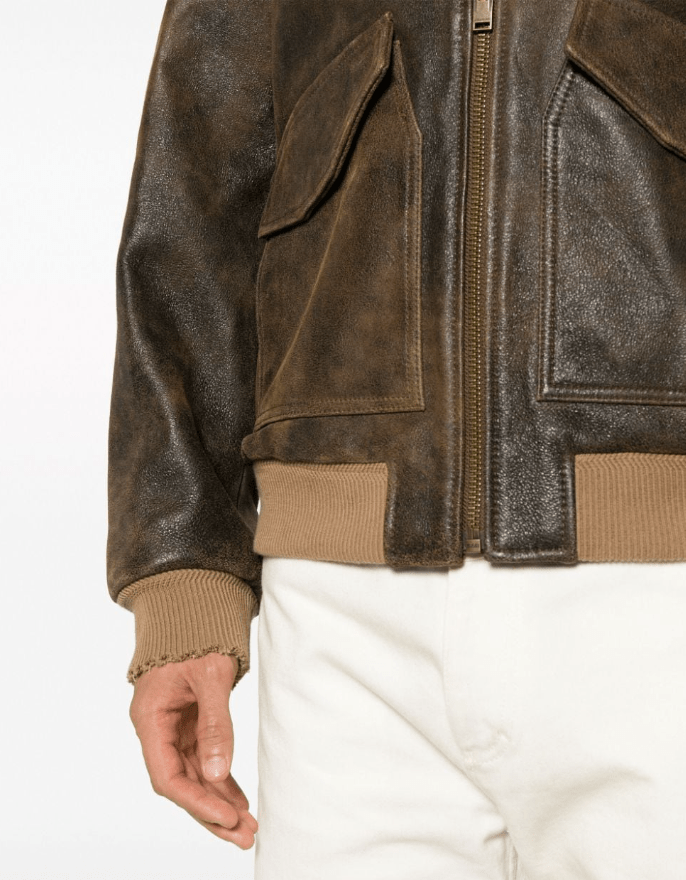 Men's Vintage Shearling Bomber Leather Jacket In Dark Brown