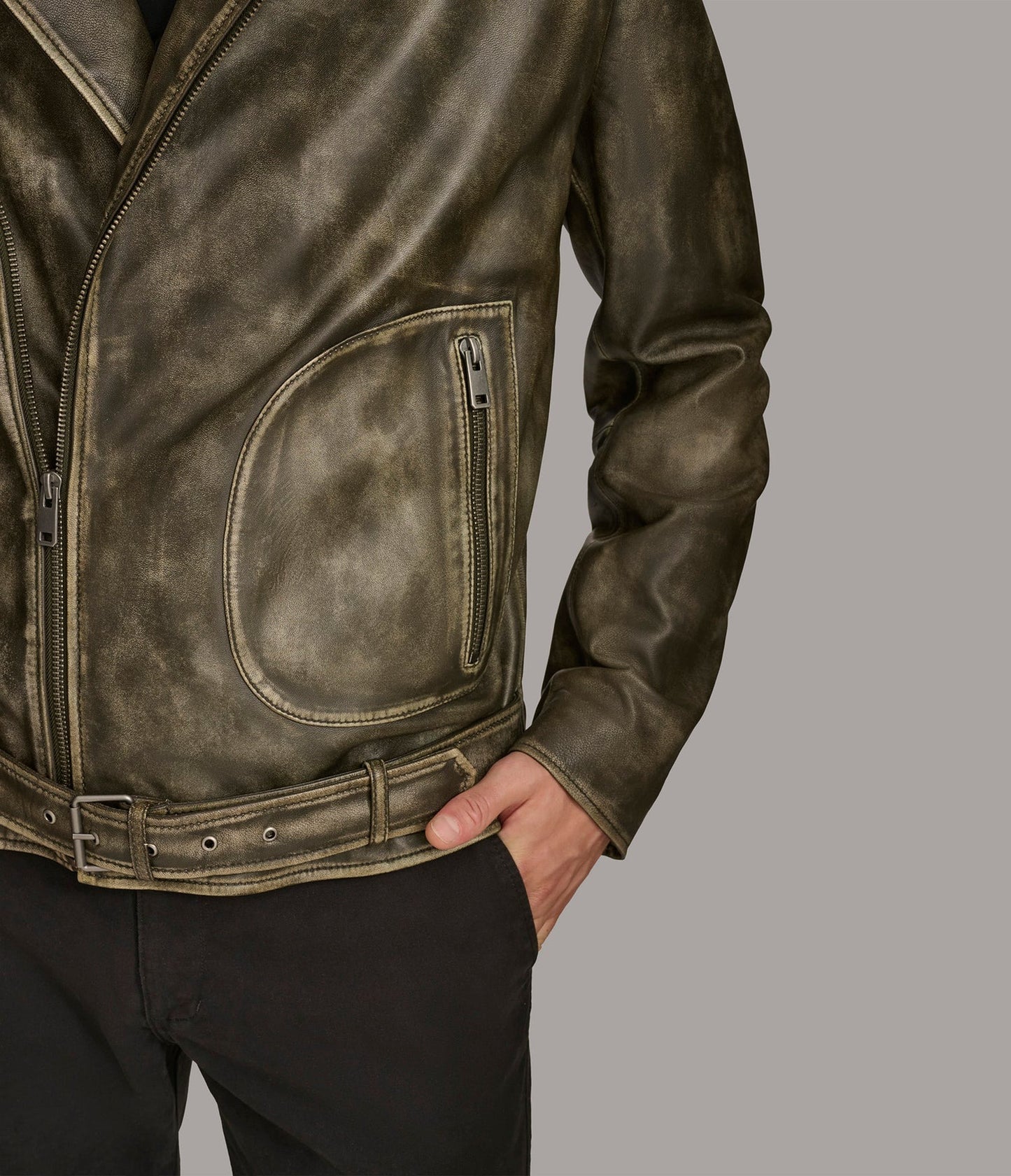 Men's Belted Distressed Biker Leather Jacket