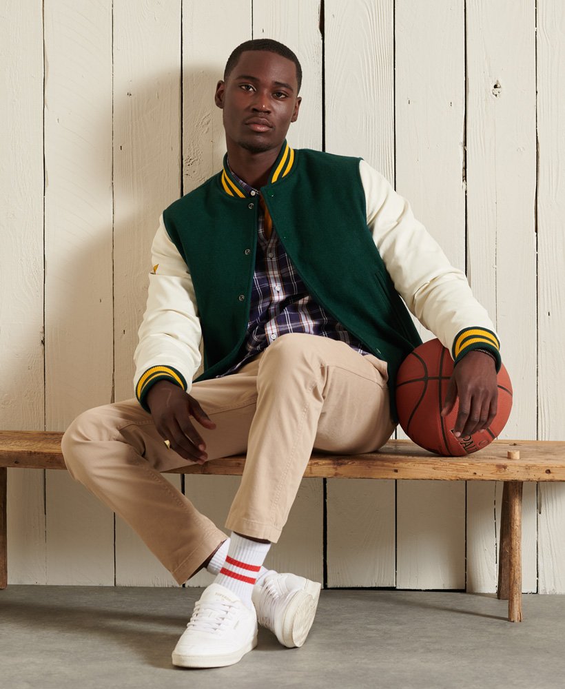 Men's Varsity Letterman Leather Jacket In Green & White Sleeves