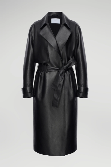 Women's Belted Trench Leather Coat In Black
