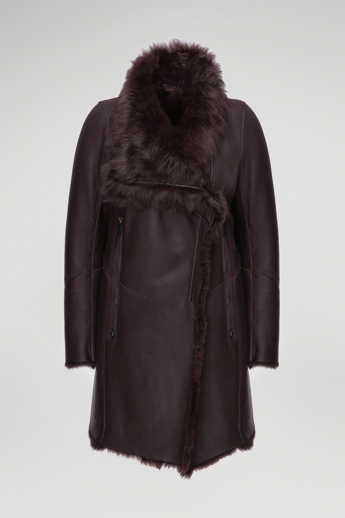 Women's Shearling Fur Leather Coat In Coffee Brown