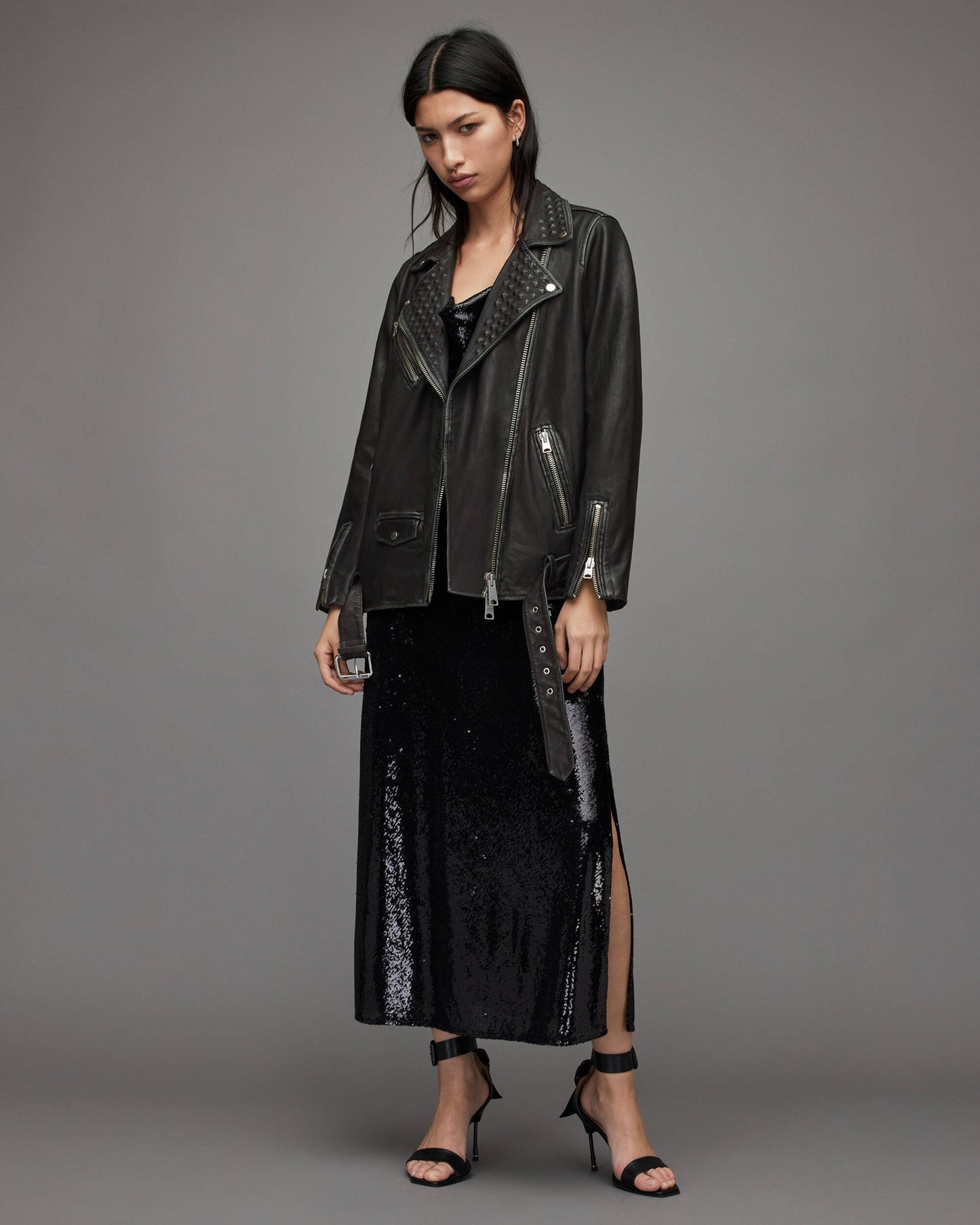 Arcane Fox - Women's Punk Biker Leather Jacket In Black With Belt
