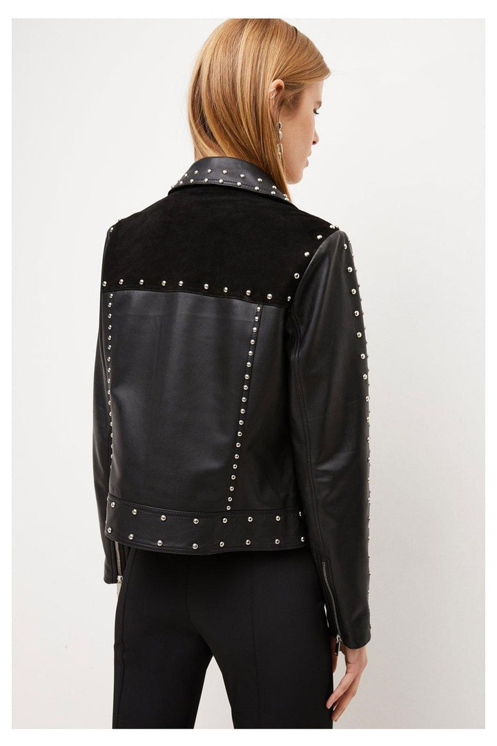 Arcane Fox - Women's Studded Trucker Leather Jacket In Black