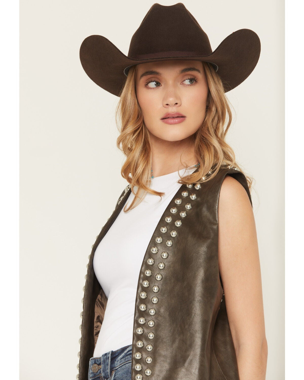 Women's Chocolate Brown Studded Leather Vest