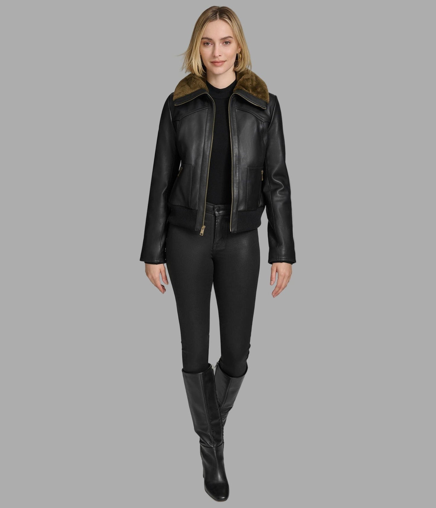 Women's Black Shearling Leather Jacket With Turn Down Collar