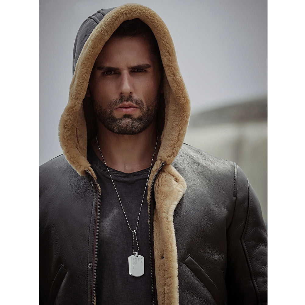 Men's B7 Bomber Sheepskin Leather Coat In Dark Brown With Hood