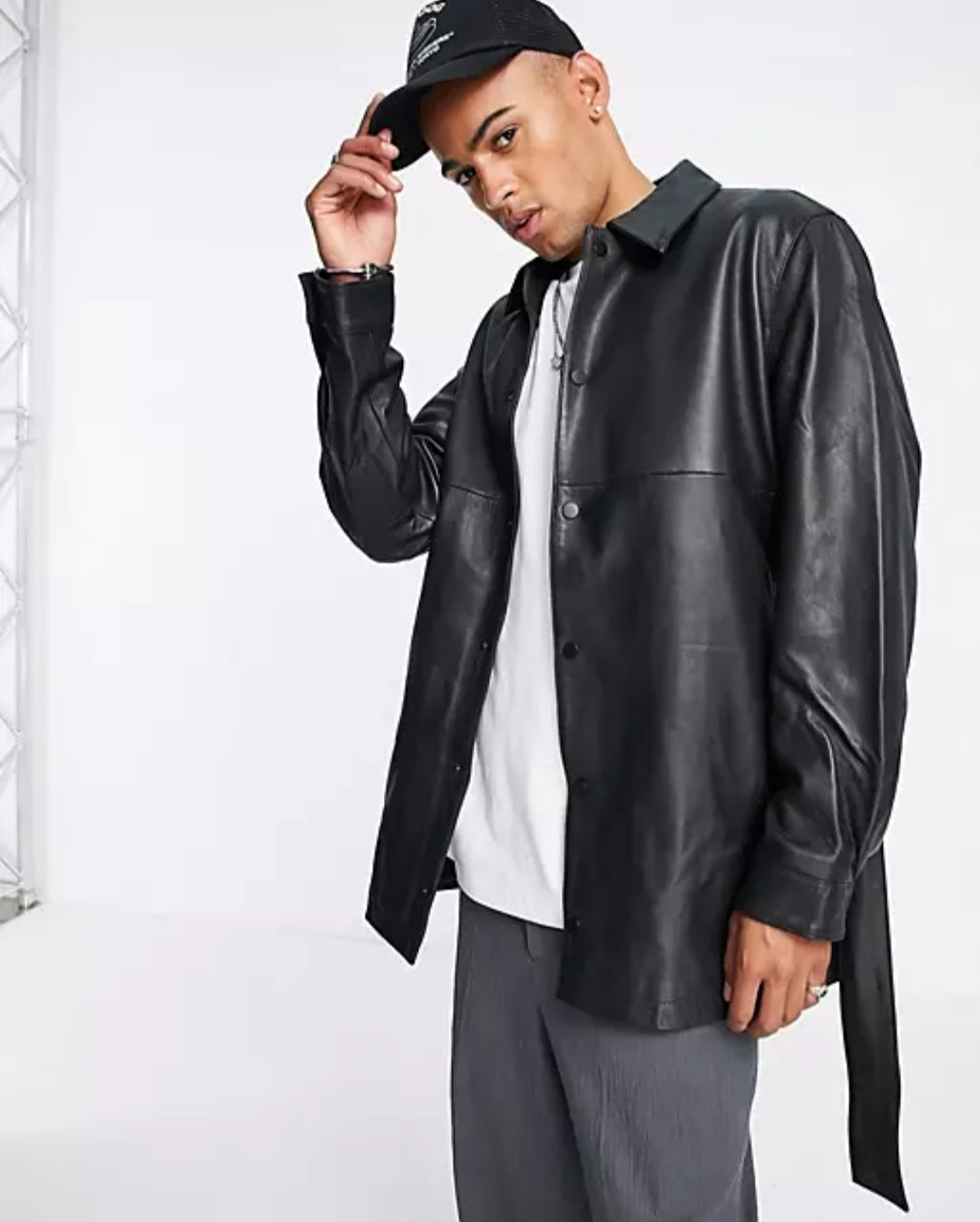 Men's Belted Leather Shirt In Black